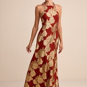 Lulus Brinley Rust And Gold Floral Jacquard Halter Maxi Dress Red - Size S